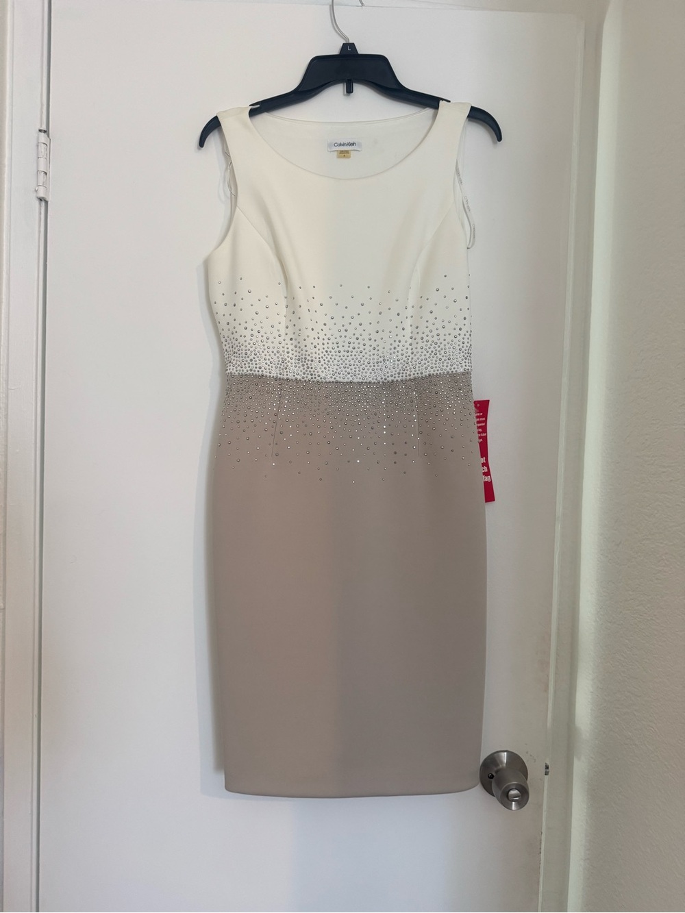 Calvin Klein Ivory and Taupe Sheath Dress with Crystal Ombre